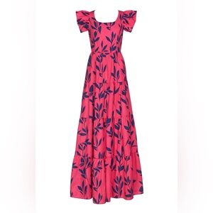 Pink and Purple Tropical Print Maxi Dress with Side Cut-outs and Ruffle Sleeves